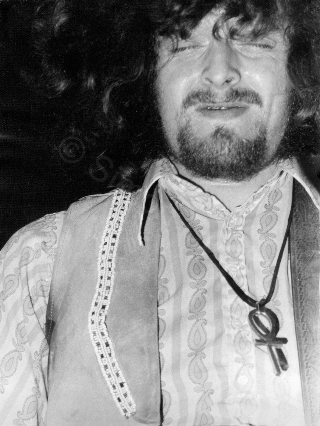  Mick Abrahams. Almost certainly at a Blodwyn Pig gig in County Durham, probably 1970. A fine example of gig clothing, too. I delude myself into thinking this was taken during the trademark Cat's Squirrel. Whatever, it was a pleasure to work, ever so briefly, with a decent, worthwhile band. Simon Danby 1969
